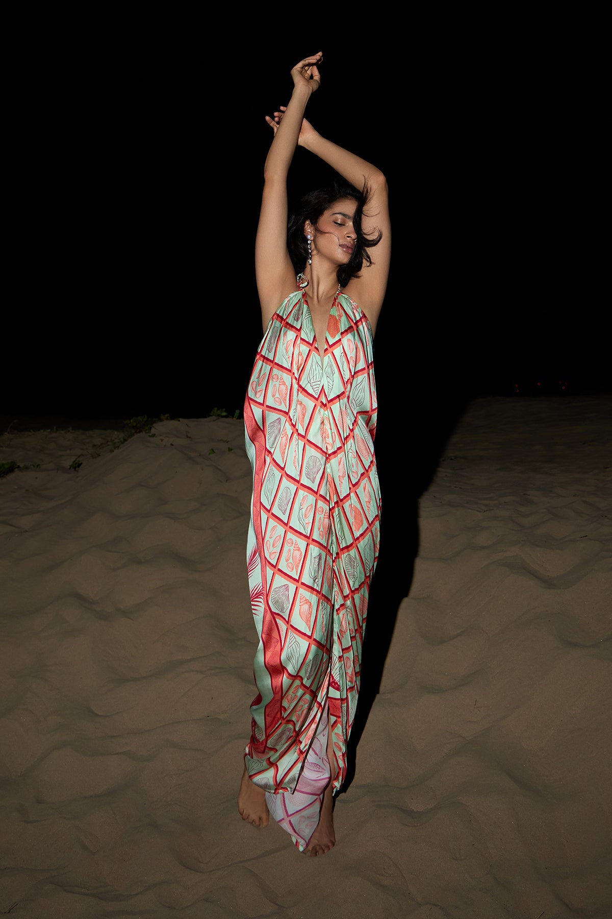 coral and celadon shells dress