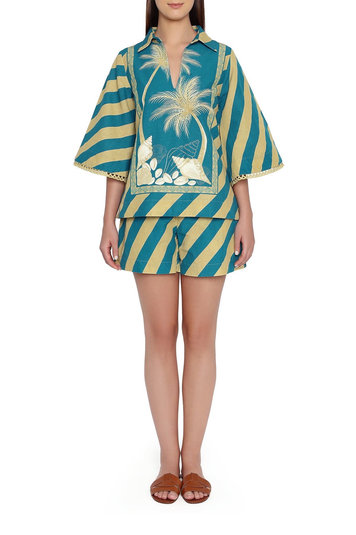 teal and yellow palm stripes top and shorts