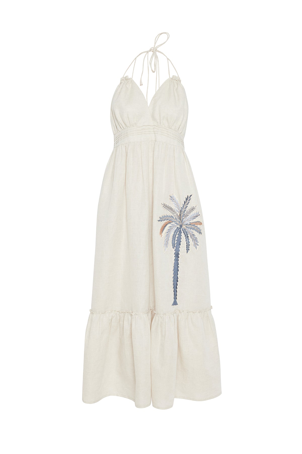 Hand Embroidered Plunge Neck Palm Summer Maxi