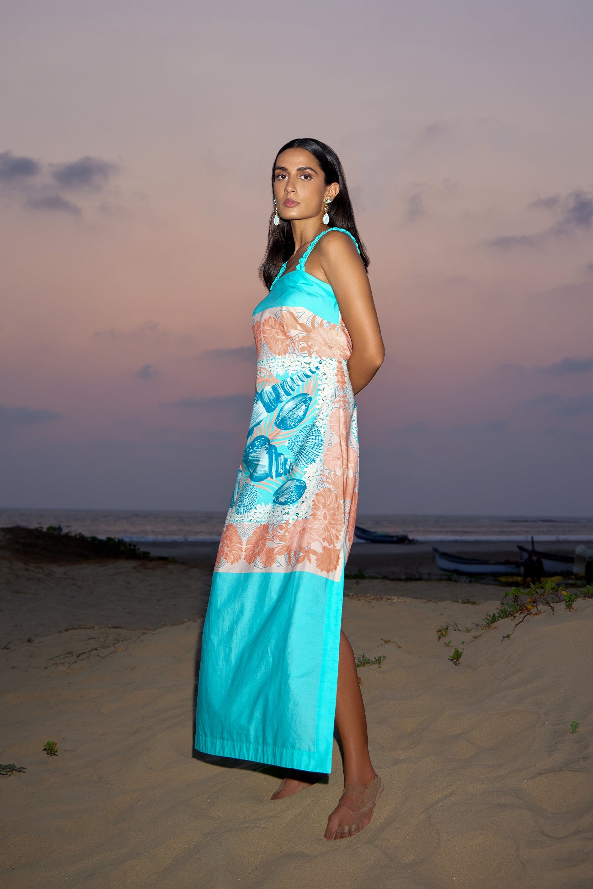 coral and teal seashells dress