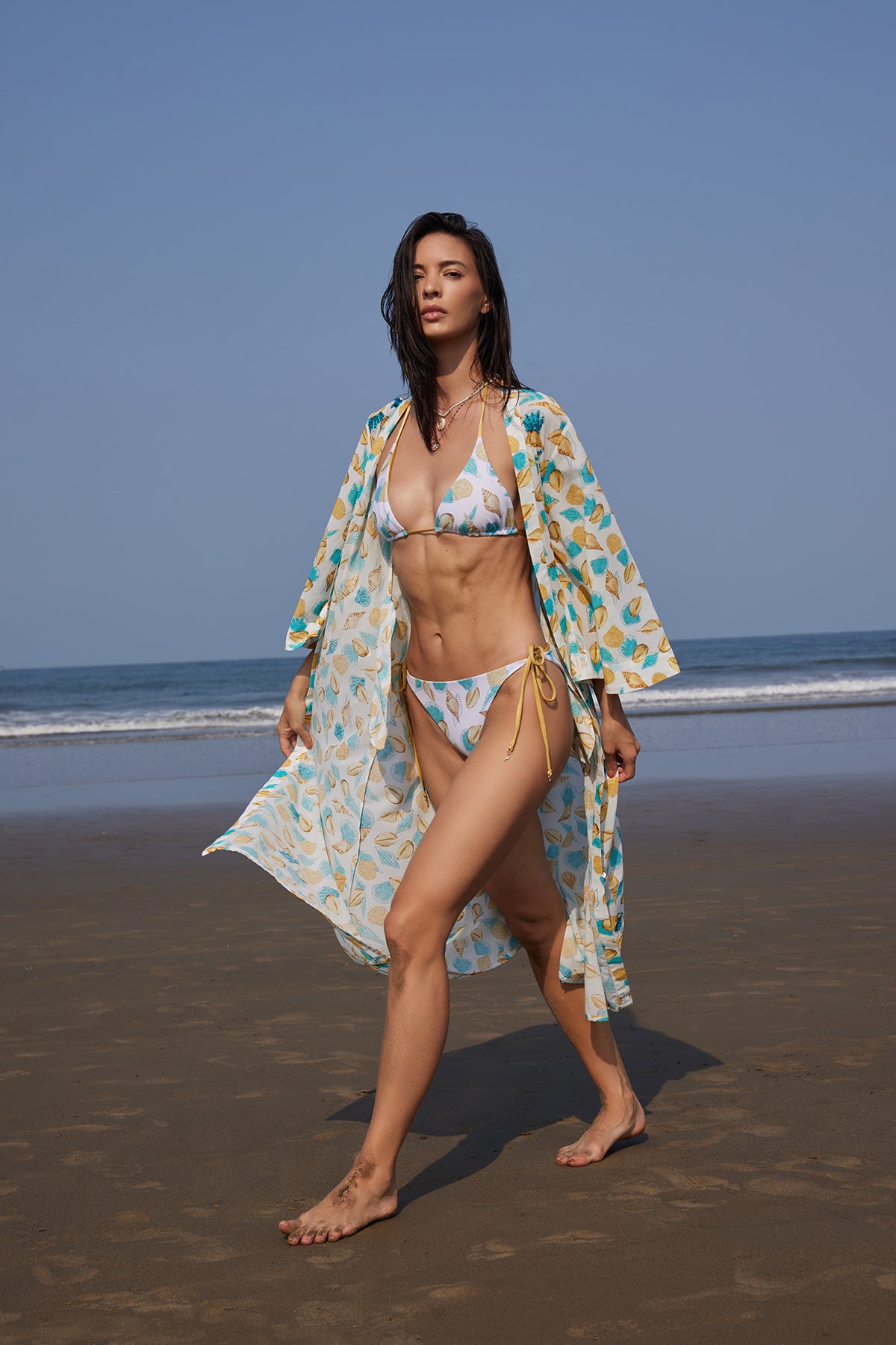 blue and white shells kimono and bikini set