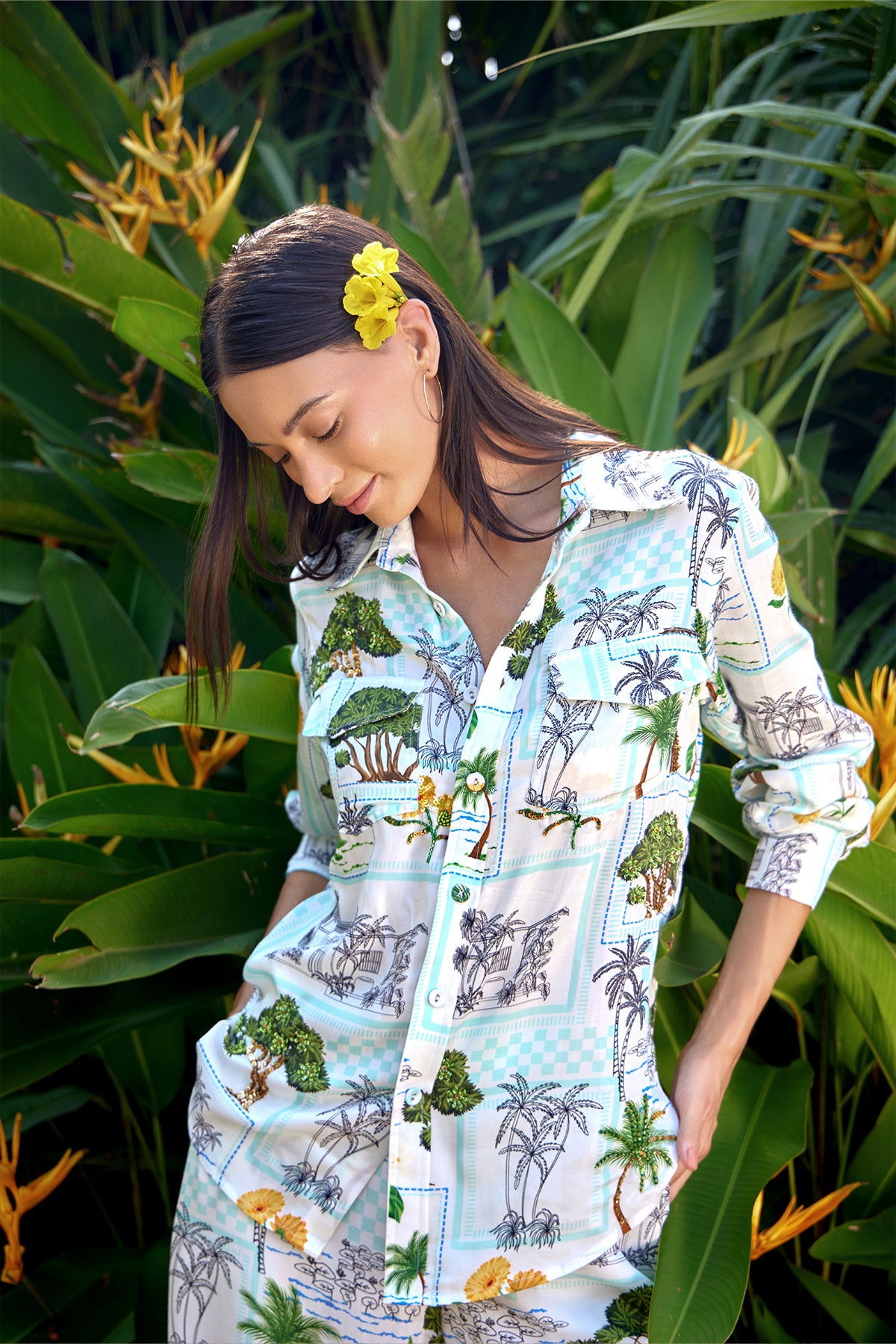 white and blue printed boyfriend shirt