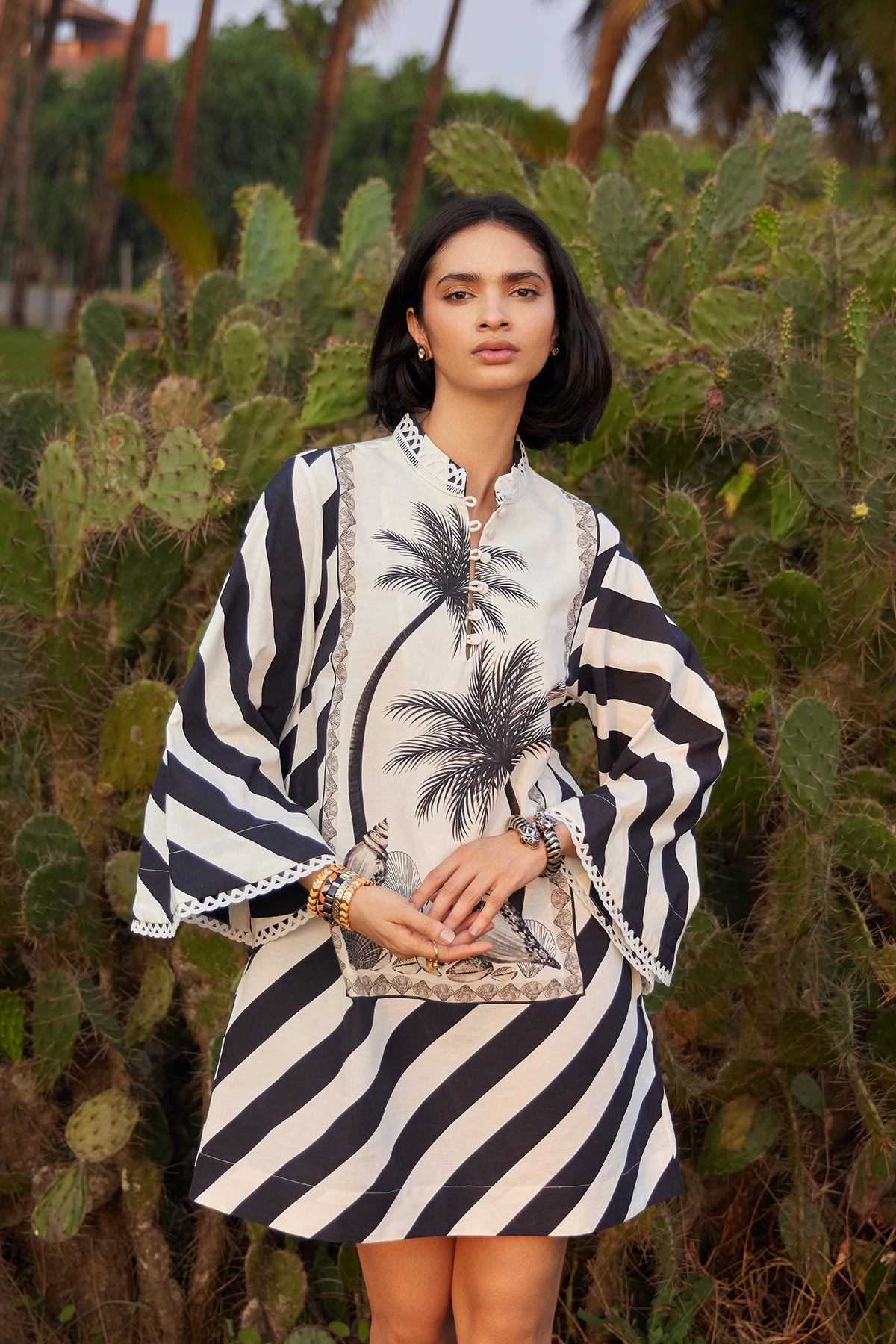 black and white palm shells dress