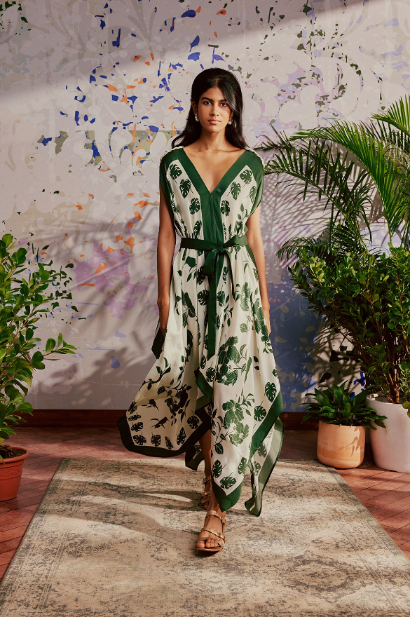 ivory and green monstera dress